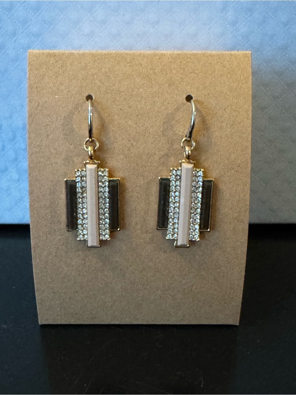 Gold Tone Drop Earrings with Pink and Black Accents